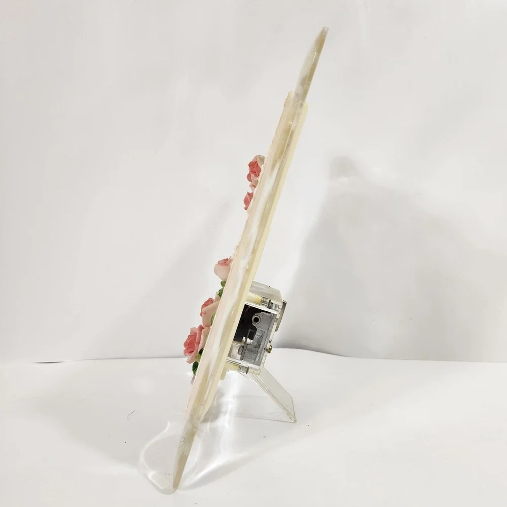 Musical Picture Frame Pink Rose Floral Music Box Rotating Easel Photo Gift